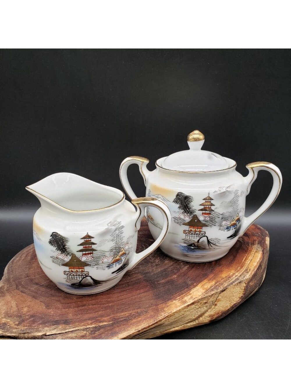 Vintage Hayasi Kutani Creamer Sugar Set Pagoda Landscape Japan Gold